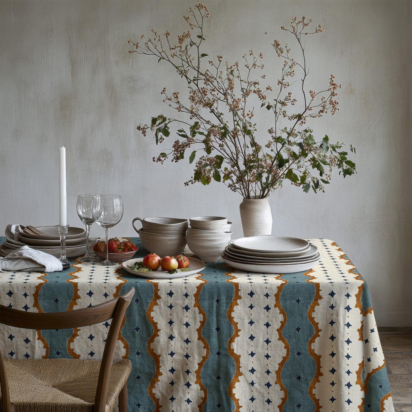 Teal Rustic Stripe Tablecloth, Vintage Geometric Pattern Table Cover, Cottagecore Farmhouse Dining Decor, Custom Size Table Linen - Round 55 inç 140 cm