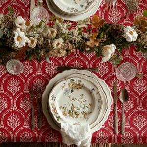 Red White Floral Tablecloth, Boho Botanical Pattern Dining Table Cover, Rectangle Round Square Table Linen, Rustic Holiday Home Decor