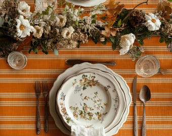 Orange Striped Tablecloth, Modern Linen Dining Table Cover, Rustic Farmhouse Table Linen, Cozy Kitchen Decor, Elegant Rectangle Tablecloth
