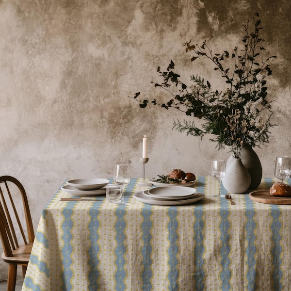 Blau gelb gemusterte Tischdecke, gewellte ausgebogte Tischdecke, Boho Küchendekoration, Hauptgeschenk für sie