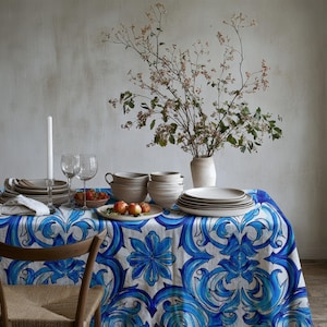 Blue Italian Majolica Tablecloth - Sicilian Blue Tiles Print Table Cover, Mediterranean Home Decor, Italian Art Print Dining Linen