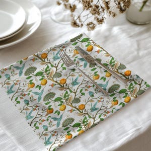Bird & Citrus Placemats – Botanical Print Polyester Table Mats for Cottage Dining, Spring Decor, Cheerful Kitchen Styling