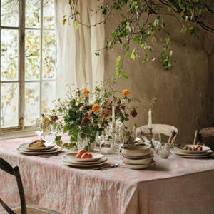 May include: A dining table set for a meal, featuring a pink tablecloth, white plates, silverware, and a floral centerpiece with orange and white flowers. Two lit candles and wine glasses are also on the table. A window and a wooden chair are in the background.