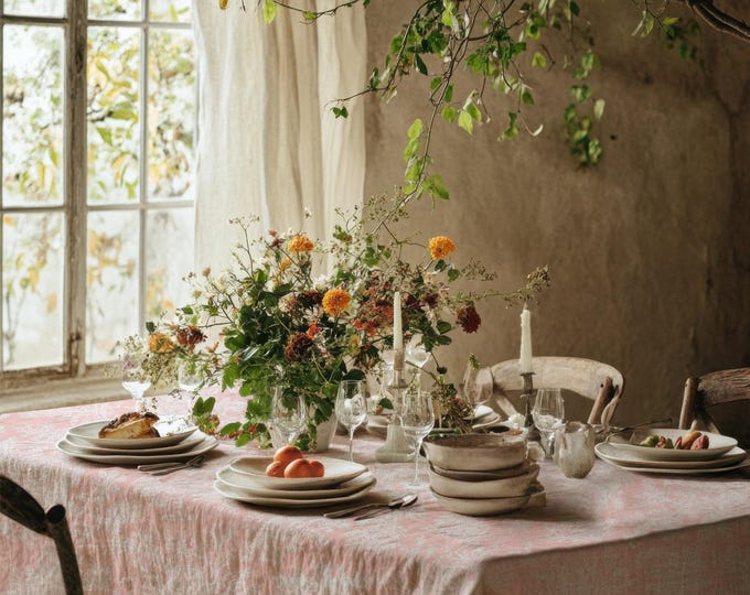 Pink Toile Linen Tablecloth, French Country Table Cover, Rustic Farmhouse Dining Decor, Vintage Kitchen Table Linen, Modern Home Style