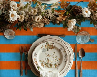 Orange Blue Striped Tablecloth – Bold Modern Dining Room Table Linen, Colorful Kitchen and Outdoor Summer Tablecloth