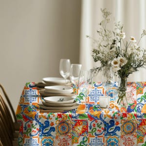 Durable rectangle tablecloth with Mediterranean tile design, ideal for dining and kitchen tables.