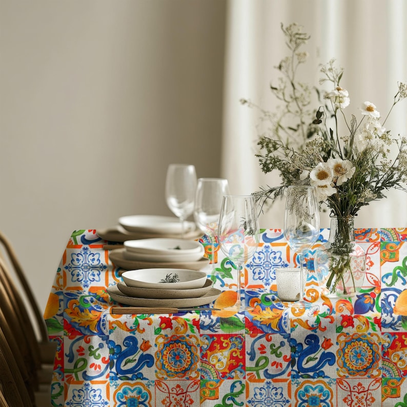 Durable rectangle tablecloth with Mediterranean tile design, ideal for dining and kitchen tables.