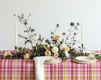 Rosa Gelb Karierte Tischdecke | Helle Tartan Tischdecke | Preppy Cottagecore Dekor | Frühling Sommer Leinen Leinen | Bunt Kariert