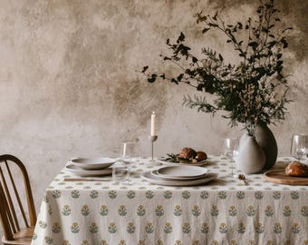 Yellow Green Floral Block Print Tablecloth – Soft Botanical Pattern Table Cover – Vintage Inspired Dining Decor