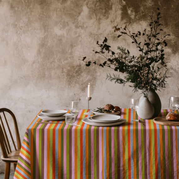 Colorful Striped Tablecloth – Modern Rainbow Table Linen, Spring Summer Dining Decor, Party & Special Occasion Table Cover