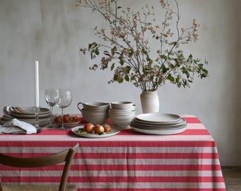 Nappe à rayures rose - Linge de maison moderne, nappe rectangulaire en coton, décoration de cuisine et de fête
