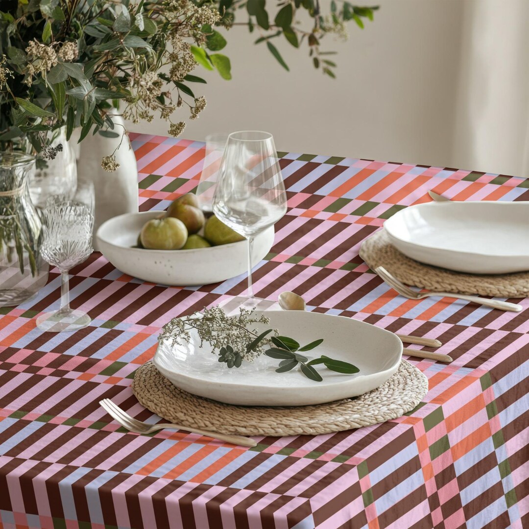 Pink Brown Orange Green Geometric Striped Tablecloth, Color Block ...