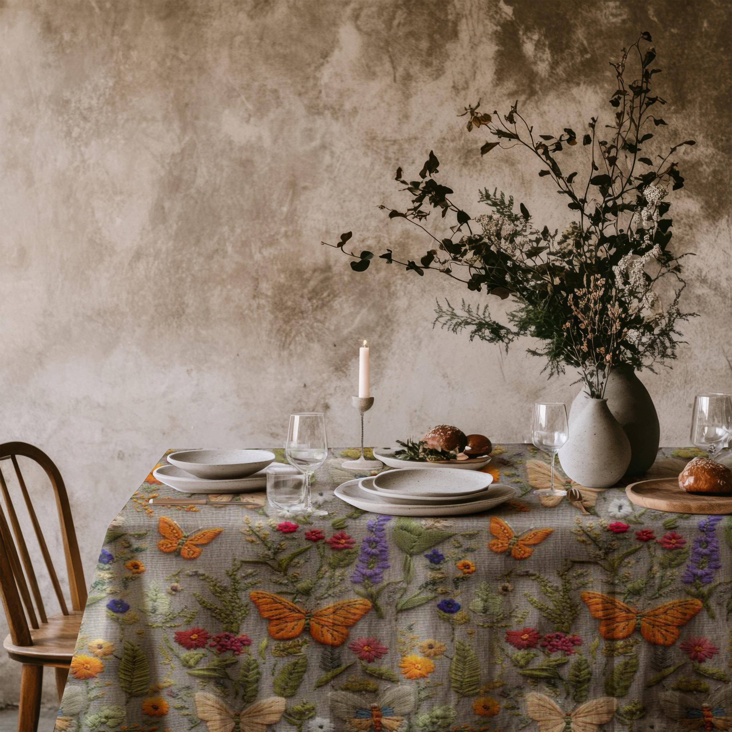 Butterfly Floral Embroidered Effect Tablecloth – Botanical Print Polyester Table Cover for Cottagecore & Spring Dining Decor T-1