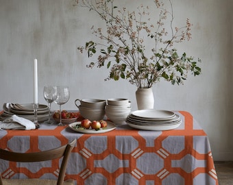 Terracotta Beige Geometric Tablecloth – Modern Retro Table Cover, Bold Pattern Linen Tablecloth