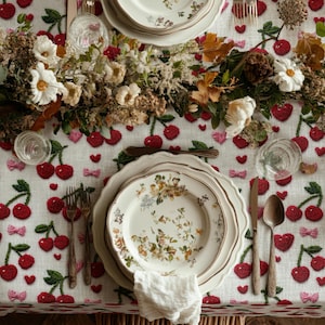 May include: A white linen tablecloth featuring an embroidered pattern of red cherries and small pink bows. The table setting includes stacked ceramic plates with floral motifs, a silver fork, a silver knife, a wooden spoon, and clear glasses.