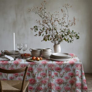 Pink Rose Embroidered Effect Tablecloth – Romantic Floral Polyester Table Cover for Cottagecore Dining & Spring Home Decor T-1