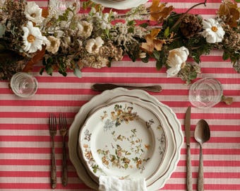 Nappe à rayures rose - Linge de maison moderne, nappe rectangulaire en coton, décoration de cuisine et de fête