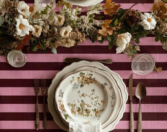 Burgundy Pink Striped Tablecloth, Modern Dining Linen, Rectangle Table Cover for Kitchen and Home Decor