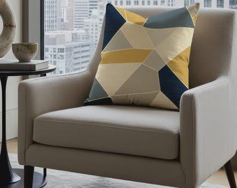 Velvet Mosaic Pillow Cover: Navy Blue & Gold Geometric Cushion