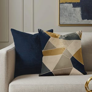 Sculpted Mosaic Pillow – Geometric, Modern Abstract Cushion, Suede Decorative Pillow Cover, Navy Blue Gold Home Decor Accent