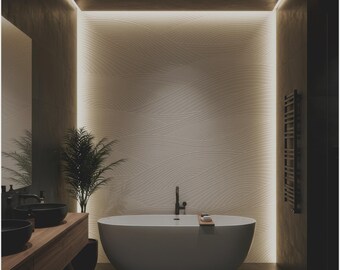 May include: A white oval freestanding bathtub with a wooden tray sits against a textured beige wall with integrated LED lighting. To the left, a wooden vanity features two black vessel sinks. A potted plant stands between the vanity and tub.