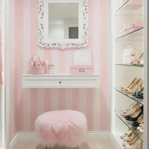 May include: A vanity area featuring a white wall-mounted drawer, a white ornate mirror, and a pink faux fur stool with gold-toned legs. The space includes pink and white striped wallpaper, a bouquet of pink roses, and glass shelving displaying shoes.