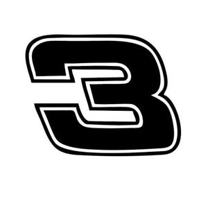 May include: A black number three graphic with a white outline. The number has a racing-inspired design, with a horizontal white bar extending from the left side. The image is set against a plain white background.