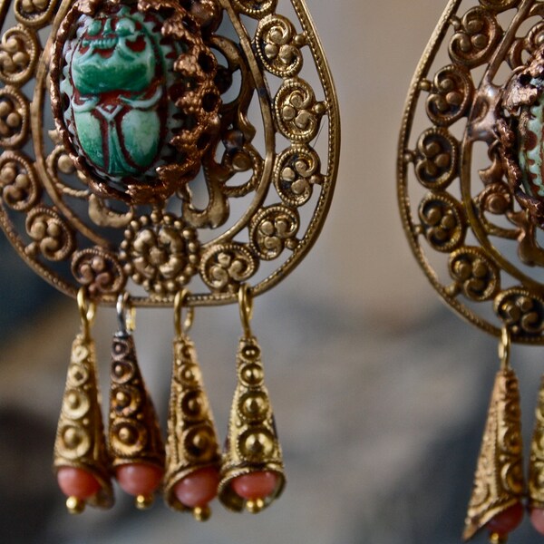 Vintage Findings Gold Filigree Egyptian Scarab Turquoise and Coral Chandelier Earrings