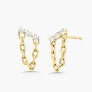 Chain Earring Dangle Drop Chain Trio Diamond Stud Ear Piercing 14k 18k Real Solid Gold Dainty Everyday wear Earrings Handmade Jewelry Unique