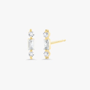 Tiny Bar Stud Earrings 14k Real Gold Minimalist Studs Dainty Everyday Earrings Emerald And Round Cut  Small Helix Cartilage Tragus Piercing