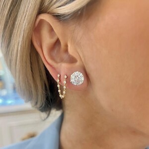 Double Piercing Diamond Chain Stud Earrings with 15 Bezel Mini Diamond Pair