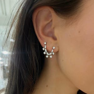 Double Piercing Diamond Earring 14k Real Gold Two Hole Connected Dangly Stud Diamond Chain Stud Earrings Delicate Drop Earring Ear Piercing