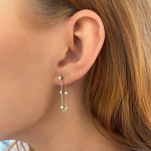 Gold Chain Link Diamond Stud Earrings Diamond Chain Loop 14k Real Gold Lariat Earrings Duster Multiple Piercing Stud Everyday Dainty Earring