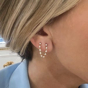 Double Piercing Diamond Chain Stud Earrings Delicate Drop Earring Two Hole piercing Earrings 18k 14k Real Gold Dainty Diamond Charm Earrings