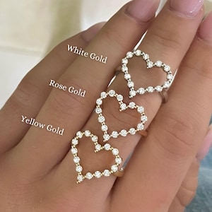 Anel de diamante em forma de coração, corte elegante, cultivado em laboratório, delicado, ouro genuíno 14k, anel de compromisso minimalista, presente de amor para ela