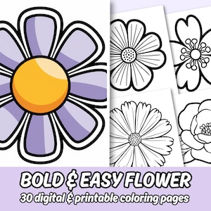 Może przedstawiać: Duża ilustracja fioletowo-żółtego kwiatu obok czterech czarno-białych rysunków liniowych kwiatów. Tekst BOLD & EASY FLOWER 30 digital & printable coloring pages znajduje się na dole obrazu i jest zapisany pogrubioną białą czcionką.