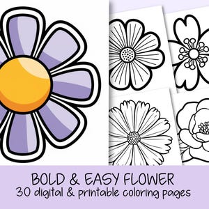 Könnte beinhalten: Ein Set mit 30 druckbaren Malvorlagen mit einfachen, kräftigen Blumendesigns. Die Blumen sind schwarz umrandet und bereit zum Ausmalen.