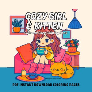 Cozy Girl with Kitten Coloring Book for Relaxation and Stress Relief – Cute Cat Lover Coloring Pages for Adults and Teens