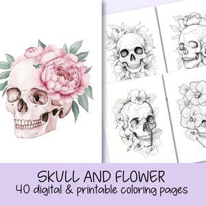 Flower Skulls Coloring Page for Adults and kids Grayscale Skull and Flower Coloring Book Blooming Skull Coloring Book Flowers Coloring Pages