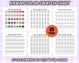 May include: A digital collection of 25 printable coloring pages titled Kawaii Color Swatch Chart. The pages feature outlines of pumpkins, drinks, candies, pears, milk cartons, and apples with lines for testing colors. A red badge states 25 PAGES.