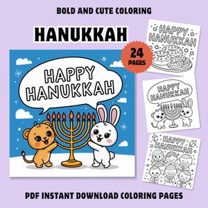 Cartes de Hanoukka à colorier pour les enfants, pages à colorier audacieuses et faciles, pages à colorier numériques, pages à colorier confortables, PDF instantané imprimable