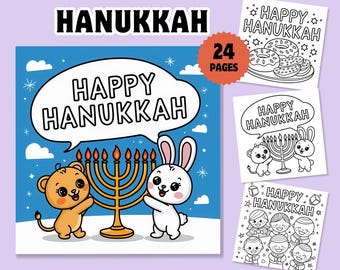 May include: A colorful illustration for Hanukkah features a bear and a bunny with a menorah, the text "Happy Hanukkah" in a speech bubble, and additional coloring pages. The image is labeled "24 pages".