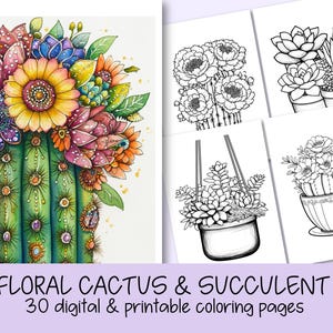 Floral Cactus Coloring Pages: Botanical Art, Grayscale Flower (Printable PDF)