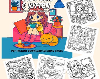 Cozy Girl and Kitten Coloring Book: Stress Relief for Adults & Teens (PDF Downloadable Pages)