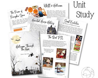 May include: A unit study guide for Halloween with a black and white illustration of a graveyard with a witch flying over it. The title of the guide is "Halloween Through The Ages". The guide includes information on the history of Halloween, haunted houses, pumpkin spice, and Halloween candy.
