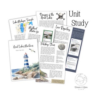 以下が含まれることがあります： 「Unit Study」と題された教育用印刷物のコレクション。灯台のイラスト、地図、この地域の危険と歴史に関するテキストなど、五大湖に関連するトピックが掲載されています。スタジオのロゴは右下にあります。