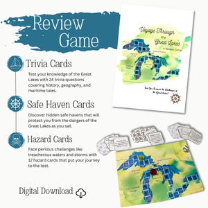 Pode incluir: Um download digital para um jogo de tabuleiro com tema dos Grandes Lagos. O jogo inclui cartas de perguntas, cartas de refúgio seguro e cartas de perigo. O tabuleiro do jogo apresenta uma ilustração em aquarela dos Grandes Lagos.