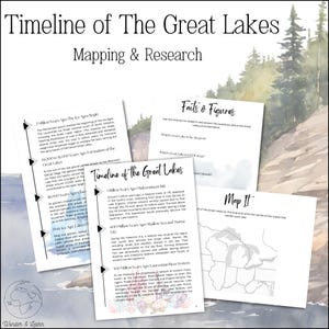 May include: A timeline of the formation of the Great Lakes with watercolor illustrations and text describing the geological history of the lakes. The timeline includes information about the ice ages, the formation of the lakes, and the development of the surrounding land. The text includes the phrases "Timeline of the Great Lakes", "Facts & Figures", "Map It", "2 Million Years Ago", "1 Billion Years Ago", "600 Million Years Ago", "300 Million Years Ago", "15,000 Years Ago", "12,000 Years Ago", and "1,000 Years Ago".