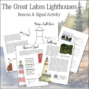 May include: A printable educational activity for kids about lighthouses on the Great Lakes. The worksheet includes a map of the Great Lakes, a lighthouse design template, and a table to record lighthouse characteristics. The text "The Great Lakes Lighthouses Beacon & Signal Activity" is at the top of the page.