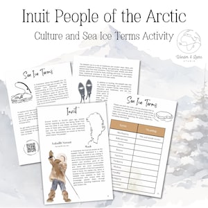 Op de afbeelding: Een uitprintbaar werkblad om meer te leren over de Inuit-cultuur en termen voor zee-ijs. Het werkblad bevat een kaart van Groenland, illustraties van Inuit-mensen en een tabel met Inuit-woorden voor verschillende soorten zee-ijs.